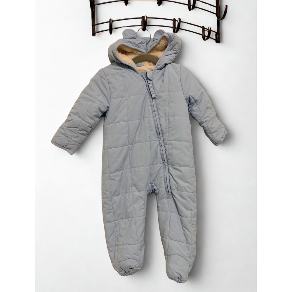 Cat & Jack Baby Boy Light Blue Quilted Sherpa Lined Pram Snowsuit Hooded 6-9M